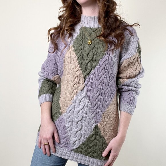 Rare Vintage Handmade Cable Knit Wool Oversized Sweater Chunky Slouchy Mock Crew - Picture 7 of 8